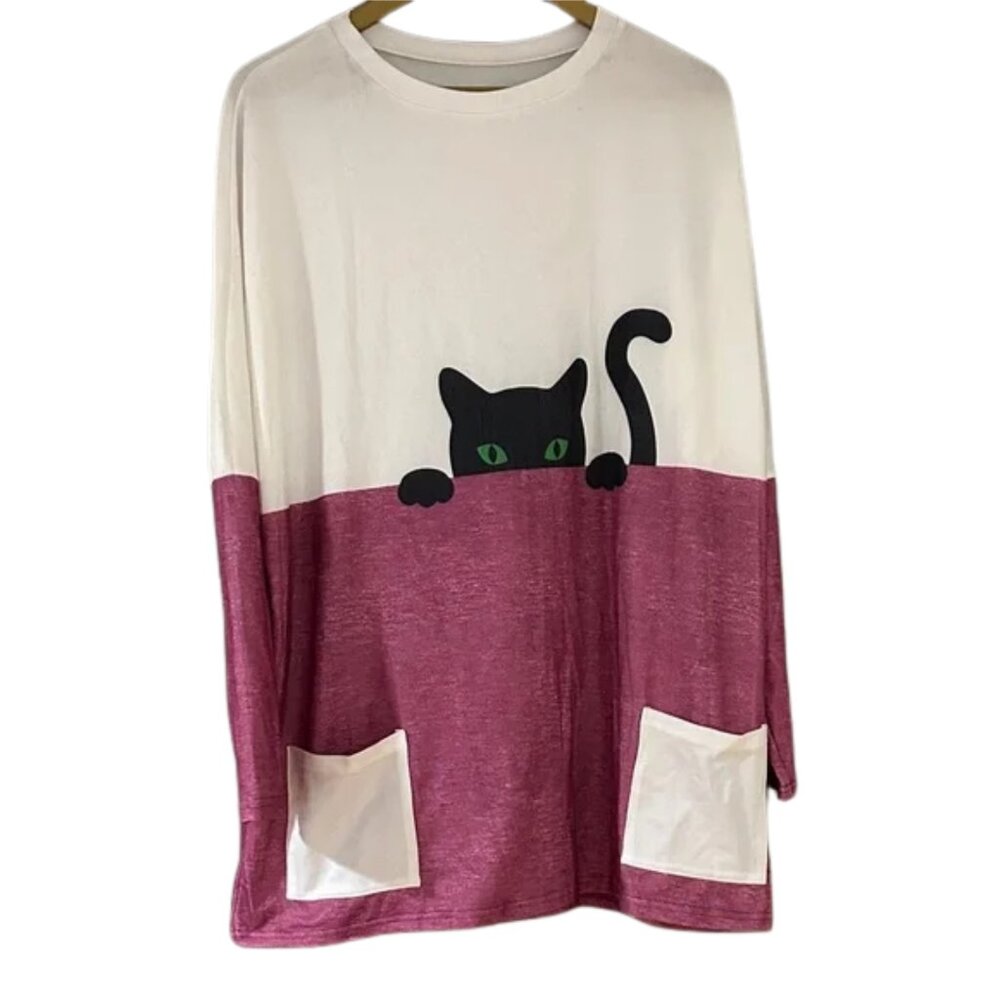 Cute Cat Graphic Colorblock Tunic Top w Pockets Long Sleeve Casual Cozy